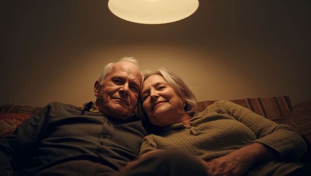Senior couple relaxing on sofa under warm lamp light, cozy intimate home companionship
