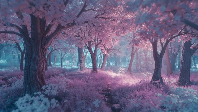 Mystical pink forest with tranquil pathway and flowering trees