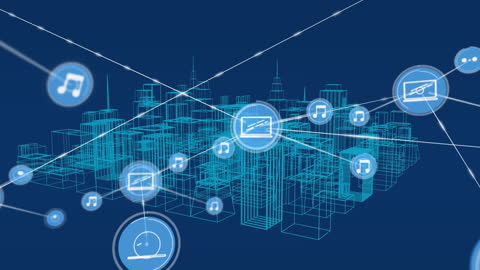 Digital Network Connecting Laptops and Music Icons in Urban Tech Cityscape