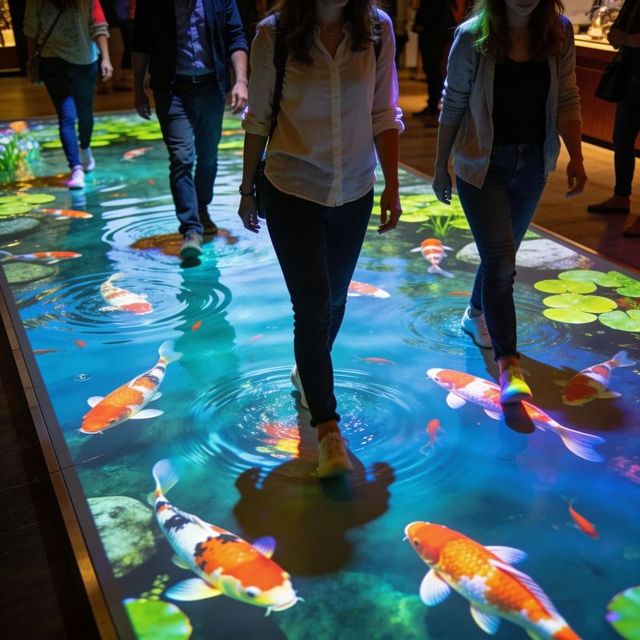 Immersive koi pond floor projection with people walking and interactive water ripples