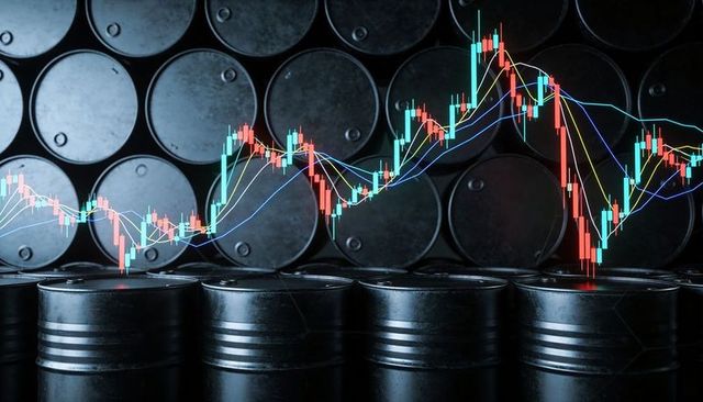 Oil market volatility concept showing candlestick chart overlay on black steel barrels