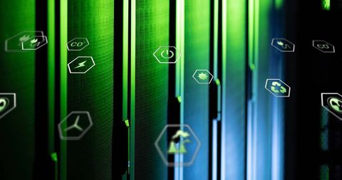 eco-friendly technology over server racks with environmental icons - Download Free Stock Images Pikwizard.com