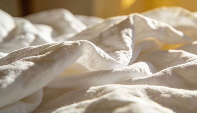 Sunlit rumpled white bed linen folds creating soft fabric texture cozy morning atmosphere