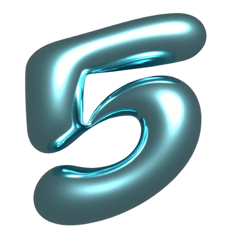 Transparent glossy cyan numeral 5 floating with metallic teal balloon finish futuristic