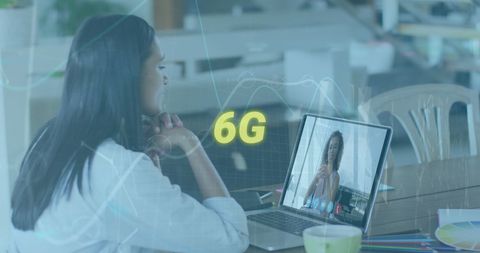 Businesswoman Engaged in Video Call with 6G Technology Interface