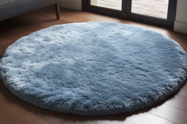 This soft blue circular fluffy rug is perfect for adding a touch of comfort and style to modern living rooms. The rug enhances the cozy atmosphere and complements wooden flooring beautifully. Ideal for home decor projects, interior design inspirations, and furnishing articles, this image highlights inviting home aesthetics.