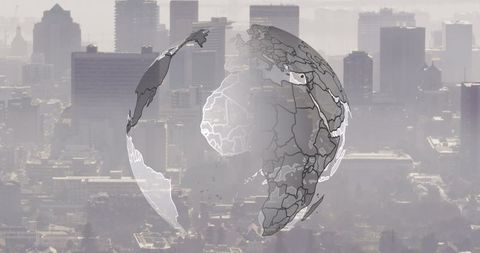 Digital Globe Visualization Over Cloudy Cityscape