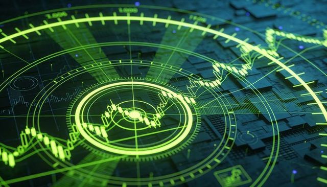 Projecting Neon Holographic Radar and Candlestick Market Chart Over Circuit Board Interface