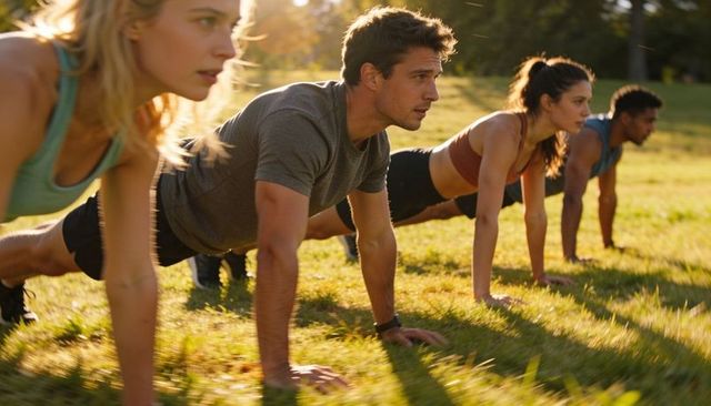Group doing plank push-ups outdoors at golden hour fitness training together in park