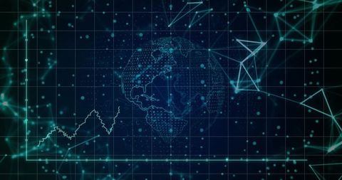 Rotating Wireframe Globe with Data Grid, Pulsing Network Nodes and Jagged Analytics Chart