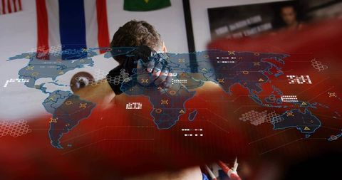 Athlete adjusting wearable tech with holographic world map overlay for global training
