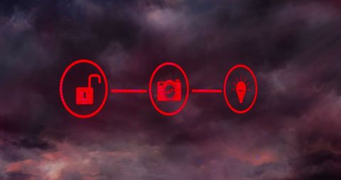 Digital lock, camera, light bulb icons against stormy sky