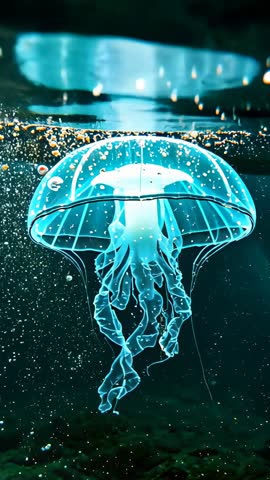 Vertical video of bioluminescent jellyfish pulsing beneath surface with trailing tentacles