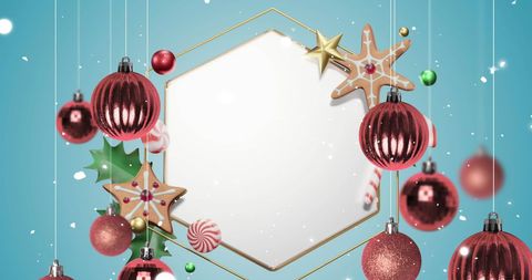 Festive Christmas Decorations and Snowflakes on Blue Background