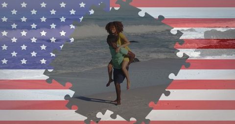 Piggyback Ride on Beach Inside USA Flag Puzzle Overlay