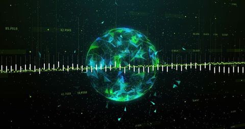 Glowing Faceted Globe Crossing Audio Waveform, Shattering Polygon Shards and Streaming Data