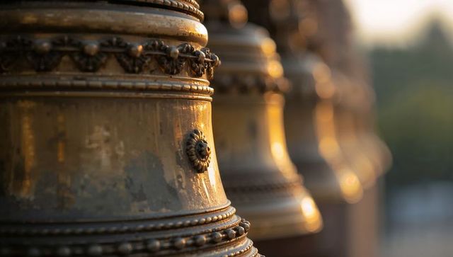 Glowing ornate brass bell catching warm golden sunlight on temple walkway