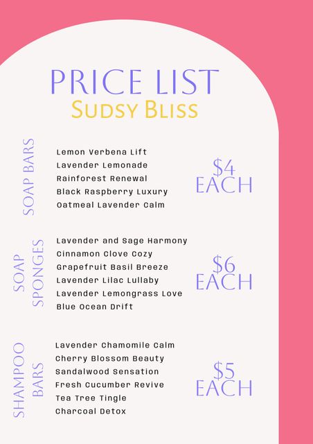 Elegant price list template evokes calm and tranquility, ideal for spas, wellness centers, and organic stores. Lists bath products like soap bars, sponges, and shampoo bars with soothing names and pastel colors. Perfect for businesses looking to highlight relaxation and natural products.