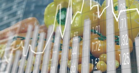 Yellow tomatoes on vine retail crates with financial charts showing produce market trends