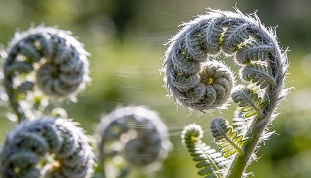 Fiddlehead fern spiral with silvery hairs and backlit spider silk macro closeup meadow