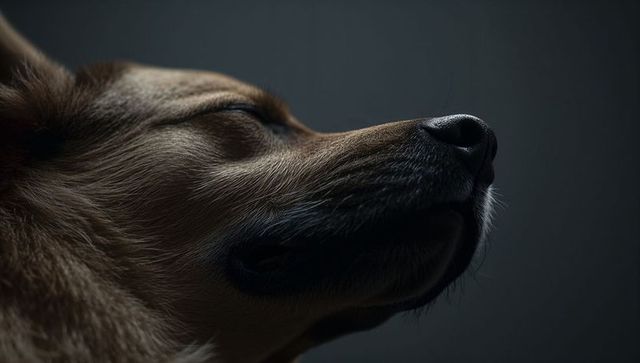 Resting brown dog profile with moist nose highlight and textured fur in low light