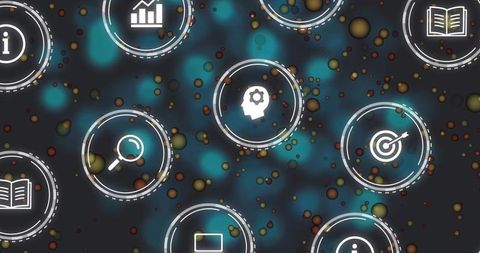 Pulsing magnifier ui icon on abstract digital analytics dashboard with tech circles
