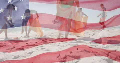 Volunteers picking up litter on sandy beach with american flag overlay, patriotic cleanup