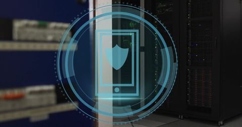 Cyber security shield icon over computer servers in data center