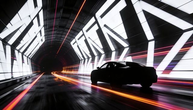 Sportscar silhouette racing through neon tunnel with orange and magenta light trails cinematic