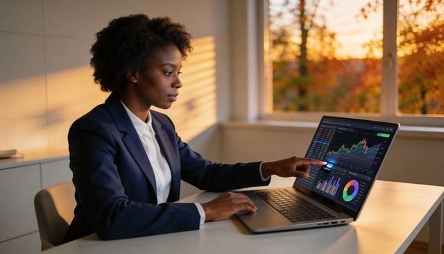 Female executive touching laptop financial dashboards at sunset office