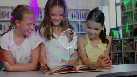 Girls Collaborating with Holographic Globe in Library Setting