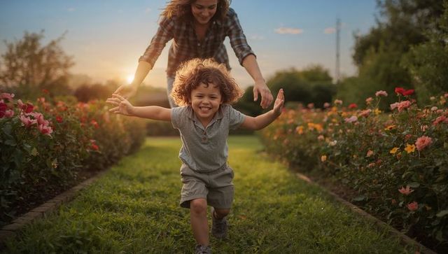 Smiling child running through rose garden at golden hour with parent chasing playfully