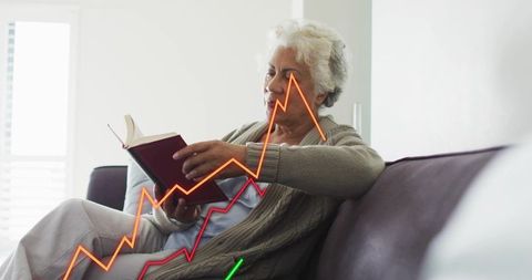 Senior woman reading on sofa with overlaid financial charts and growth graphs