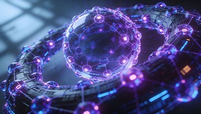 Glowing neural torus encircling holographic orb with neon nodes and filament network