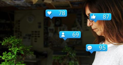 Woman Practicing Mindfulness with Social Media Interaction Overlays