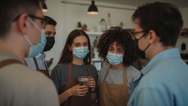Barista team discussing service while wearing masks and brown aprons in cozy coffeehouse