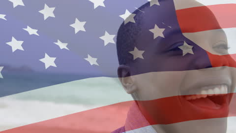 Child Enjoying Beach with American Flag Overlay