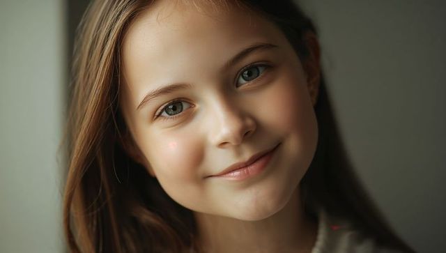 Sunlit smiling girl with long brown hair, close-up portrait, soft natural light