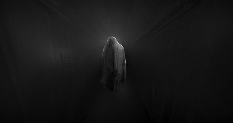 Mystical Ghostly Figure Haunting Dimly Lit Corridor