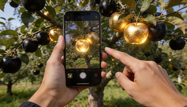 Capturing augmented reality golden apples on smartphone in orchard