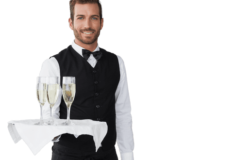 Smiling waiter holding champagne on transparent background