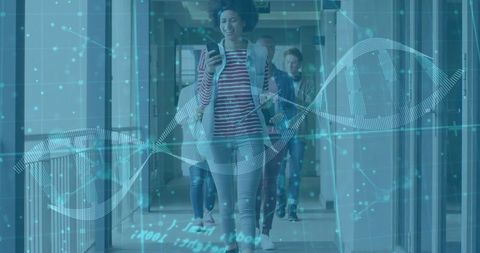 Professional Woman Engaging with Digital Technology and DNA Future