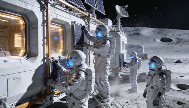 Lunar crew installing solar panels and securing handrails at high-tech moon base habitat