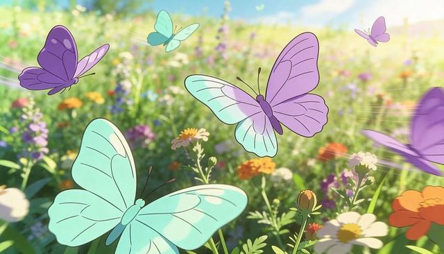 Pastel butterflies fluttering over sunlit wildflower meadow with mint and lavender wings