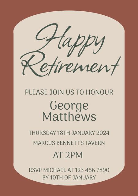 Elegant retirement party invitation template with beige background and brown elements. Perfect for announcing retirement celebrations and inviting guests. Features RSVP details, honoring text, and event date, location, and time.