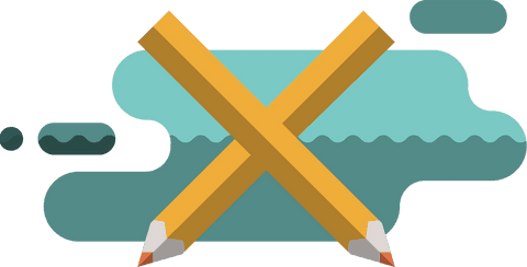 Abstract crossed pencils with blue shapes on transparent background
