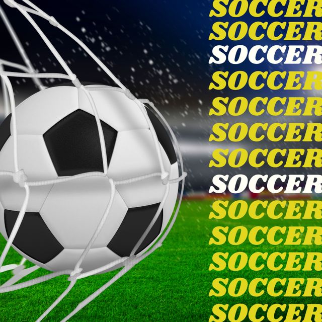 Featuring a soccer ball caught in the net, highlighting the excitement of a successful goal during a night game. Perfect for promoting sports events, soccer championships, team merchandise, and motivational posters.