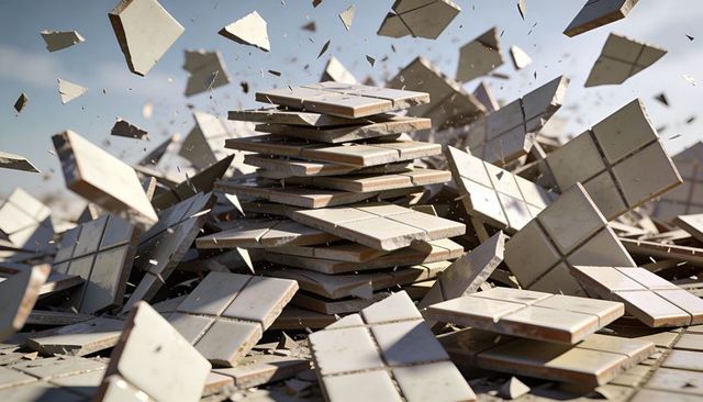 Shattering beige ceramic tile stack exploding into flying fragments and grout dust in sunlight