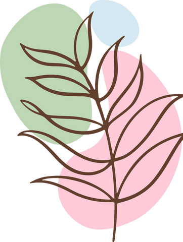 Botanical art on transparent canvas with pastel green, pink, blue shapes