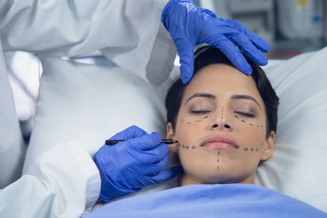 Surgeon marking woman's face with a pen before cosmetic surgery in a hospital operating room. Useful for articles on cosmetic surgery, medical procedures, healthcare, and plastic surgery preparation.